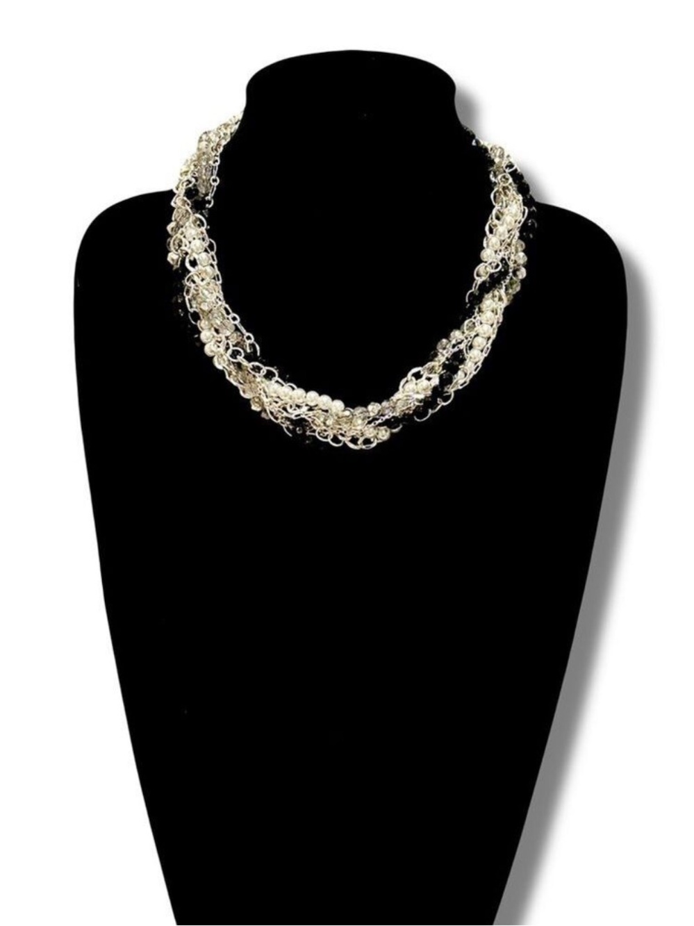 WHBM Multi-Strand Twisted Pearl, Black Bead & Crystal Collar Necklace | NEW $68